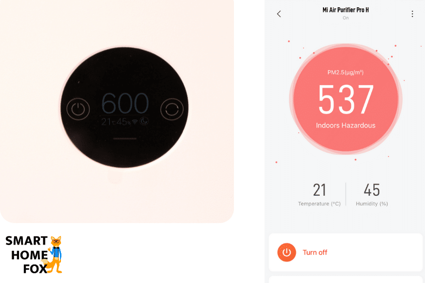 На дисплее воздухоочистителя Xiaomi Mi Air Purifier Pro H и в приложении Xiaomi Home App можно увидеть высокую концентрацию PM 2.5 в воздухе помещения.